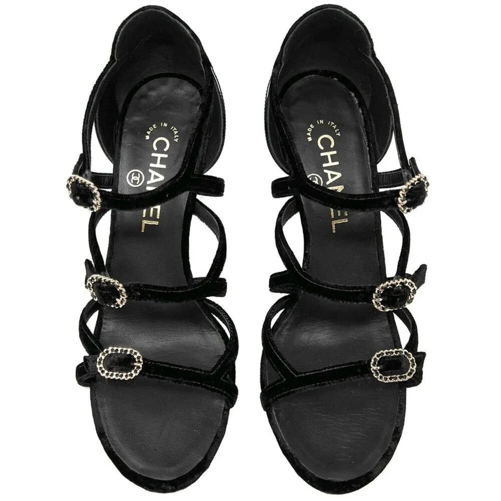 Chanel Black Velvet Patent Leather Strappy Heels CC Logo 37